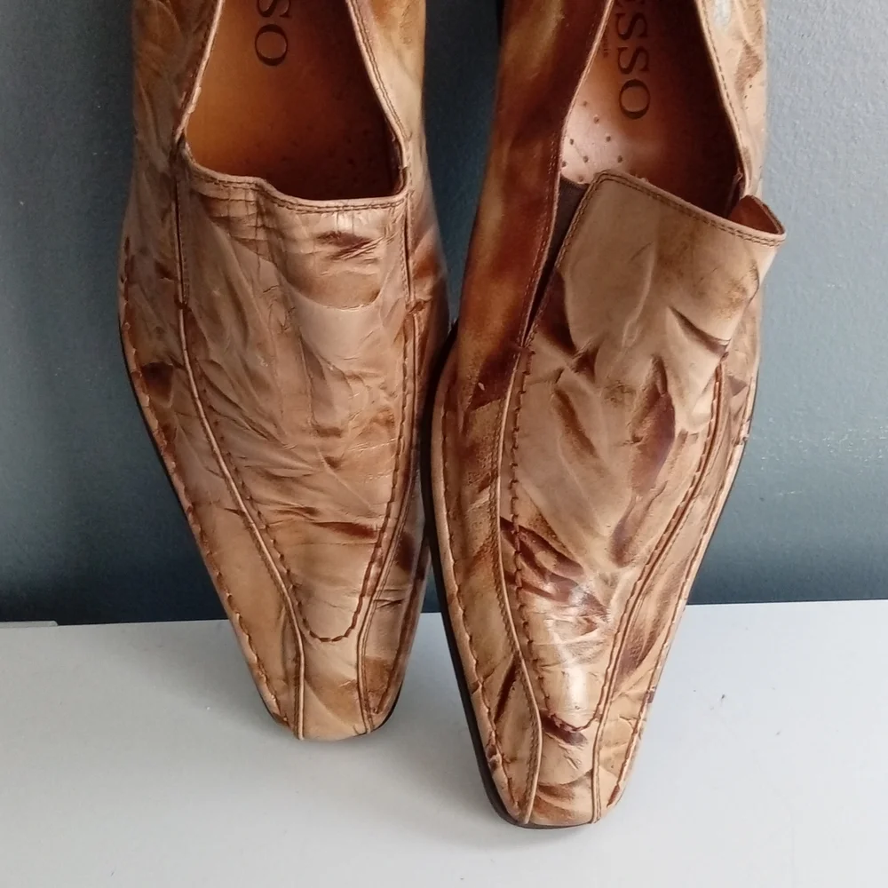 Fiesso by Aurelio Garcia Tan Textured Leather Pointed Toe Slip On‎ Loafers Mens